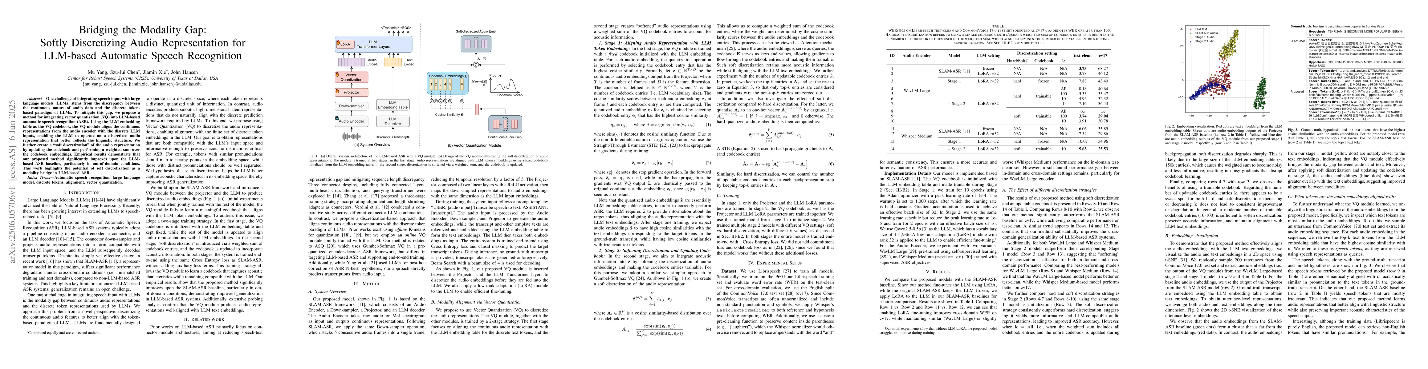 Thumbnail for Bridging the Modality Gap: Softly Discretizing Audio Representation for
  LLM-based Automatic Speech Recognition
