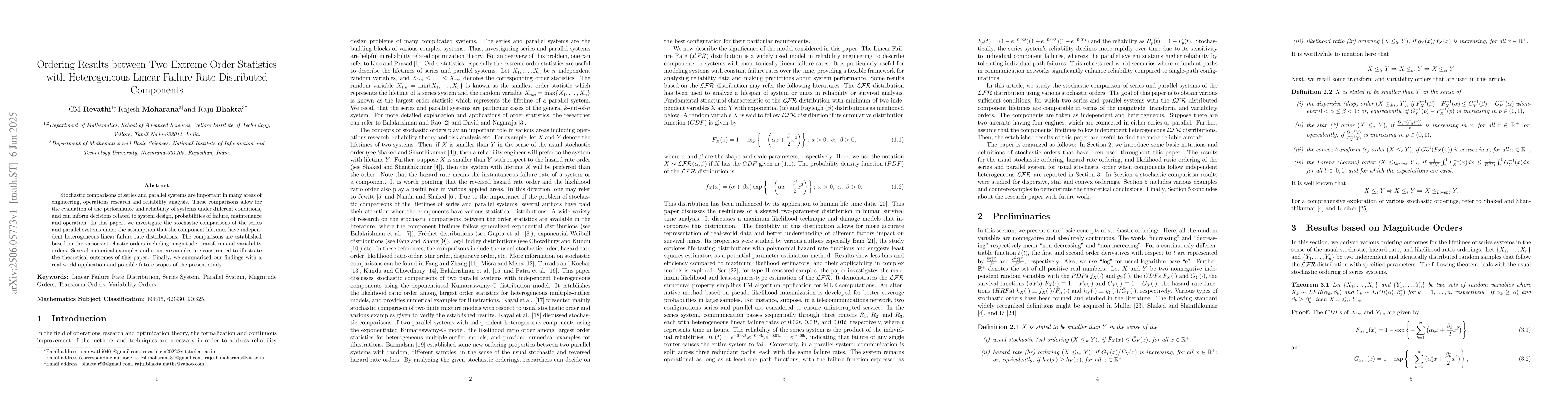 Thumbnail for Ordering Results between Two Extreme Order Statistics with Heterogeneous
  Linear Failure Rate Distributed Components