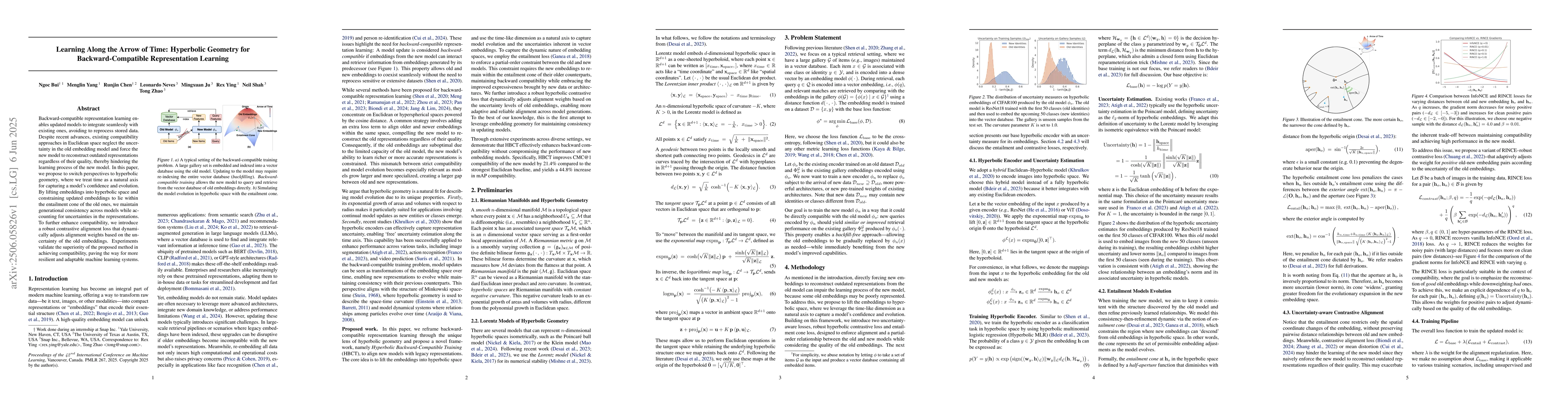 Thumbnail for Learning Along the Arrow of Time: Hyperbolic Geometry for
  Backward-Compatible Representation Learning