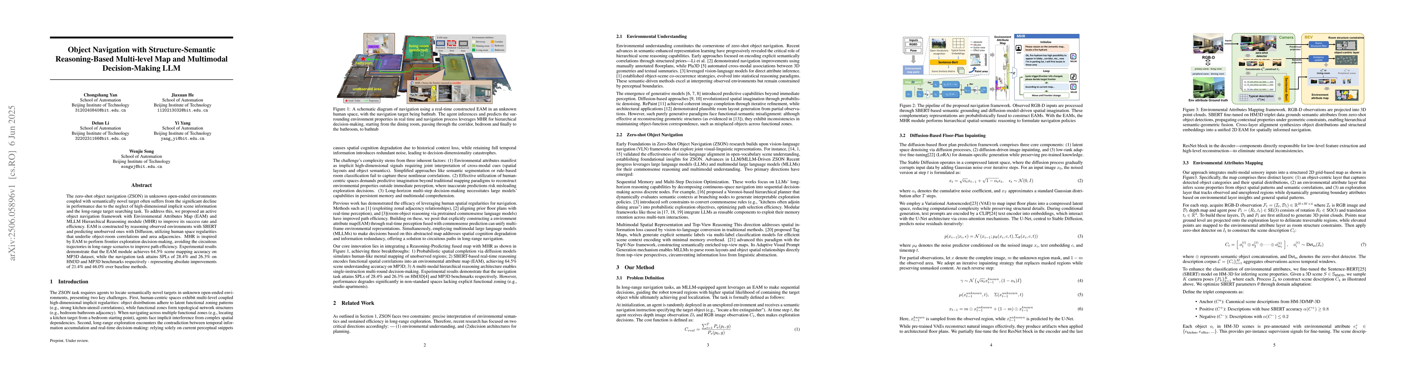 Thumbnail for Object Navigation with Structure-Semantic Reasoning-Based Multi-level
  Map and Multimodal Decision-Making LLM