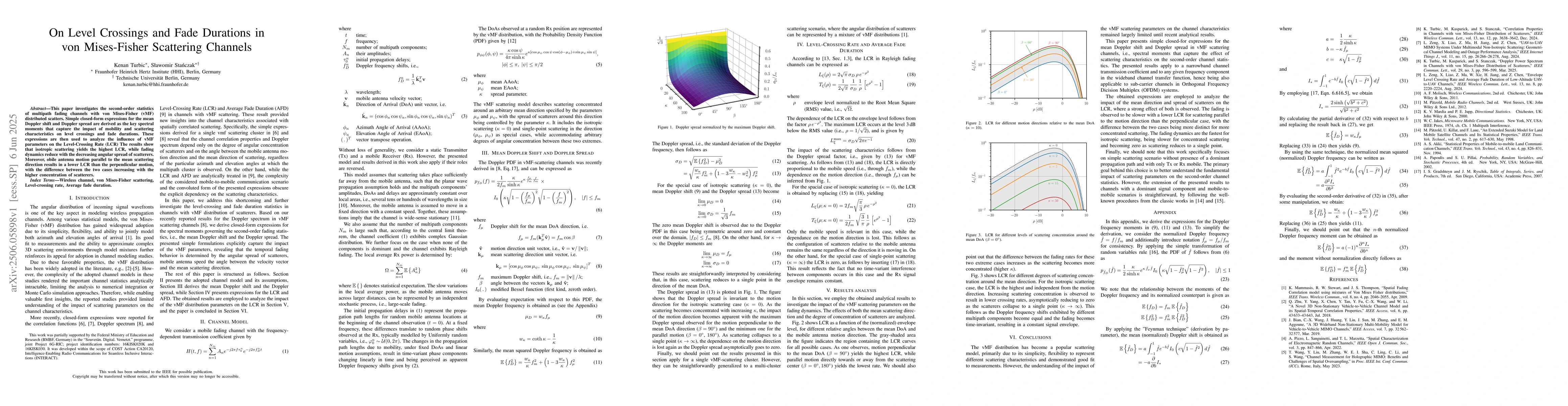 Thumbnail for On Level Crossings and Fade Durations in von Mises-Fisher Scattering
  Channels