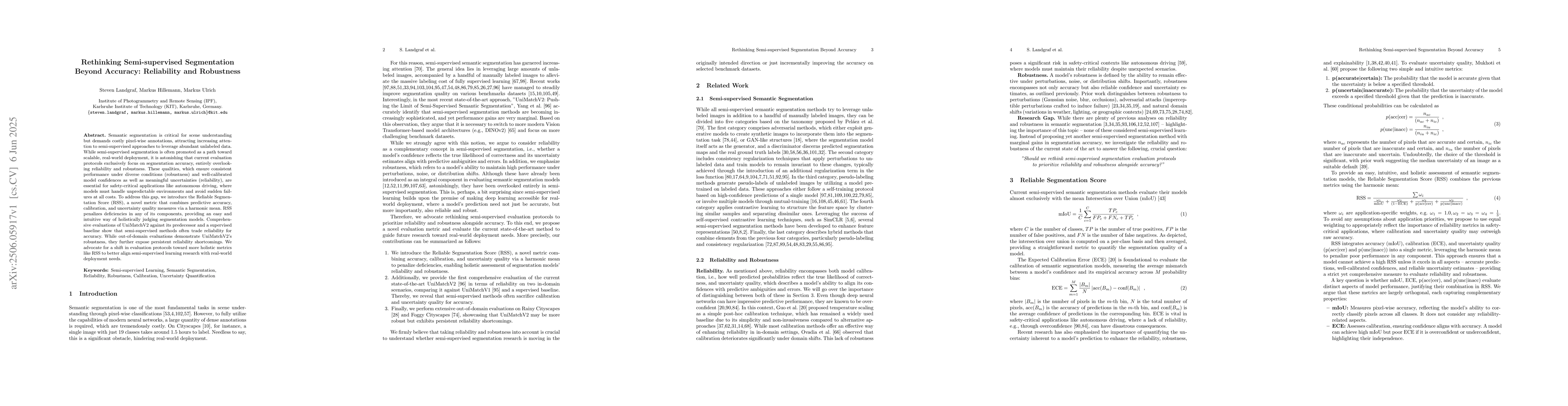 Thumbnail for Rethinking Semi-supervised Segmentation Beyond Accuracy: Reliability and
  Robustness