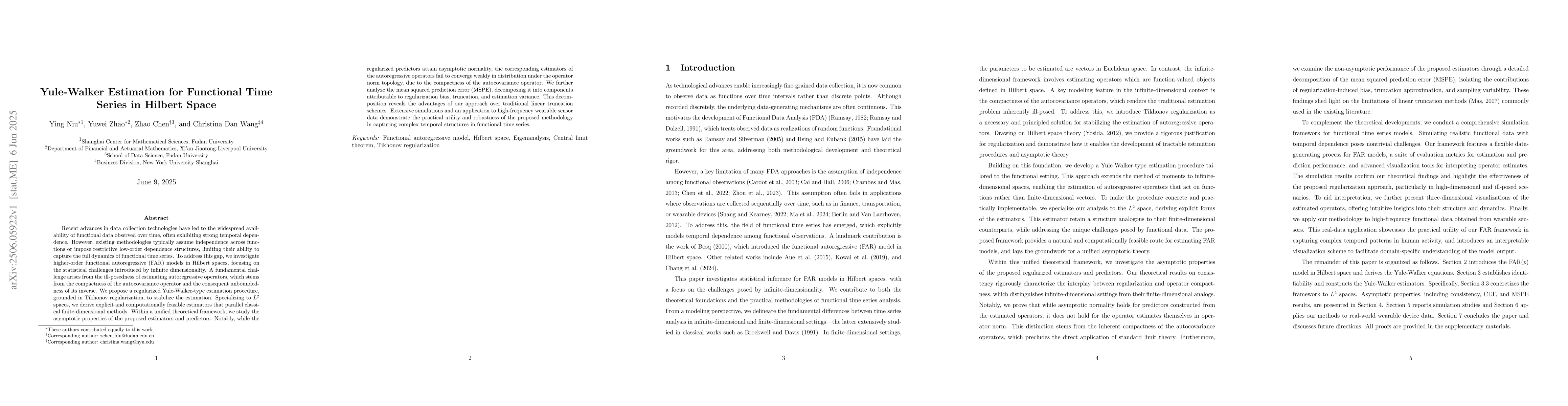 Thumbnail for Yule-Walker Estimation for Functional Time Series in Hilbert Space