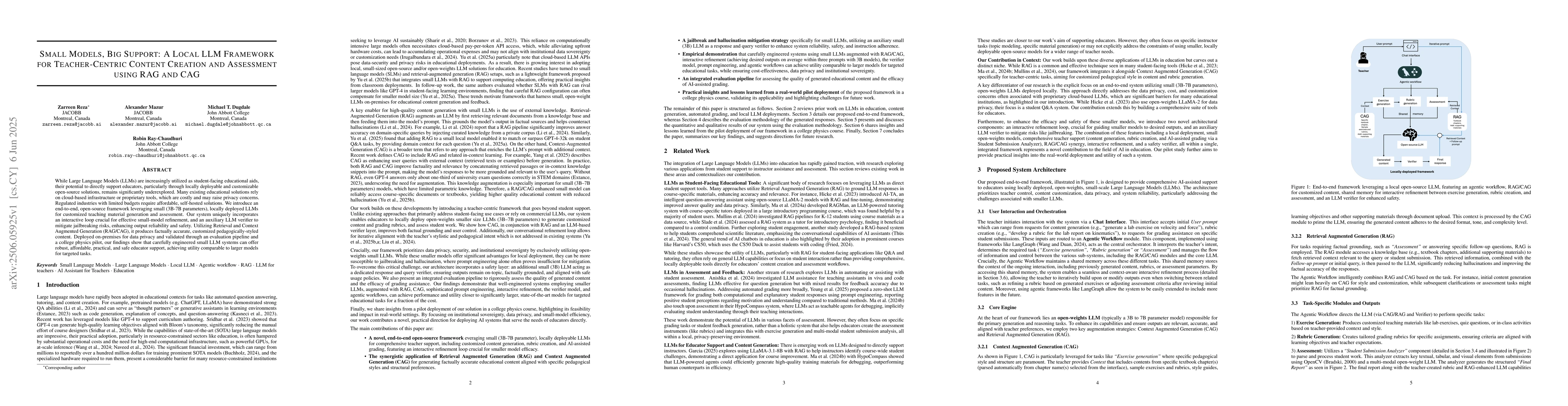 Thumbnail for Small Models, Big Support: A Local LLM Framework for Teacher-Centric
  Content Creation and Assessment using RAG and CAG