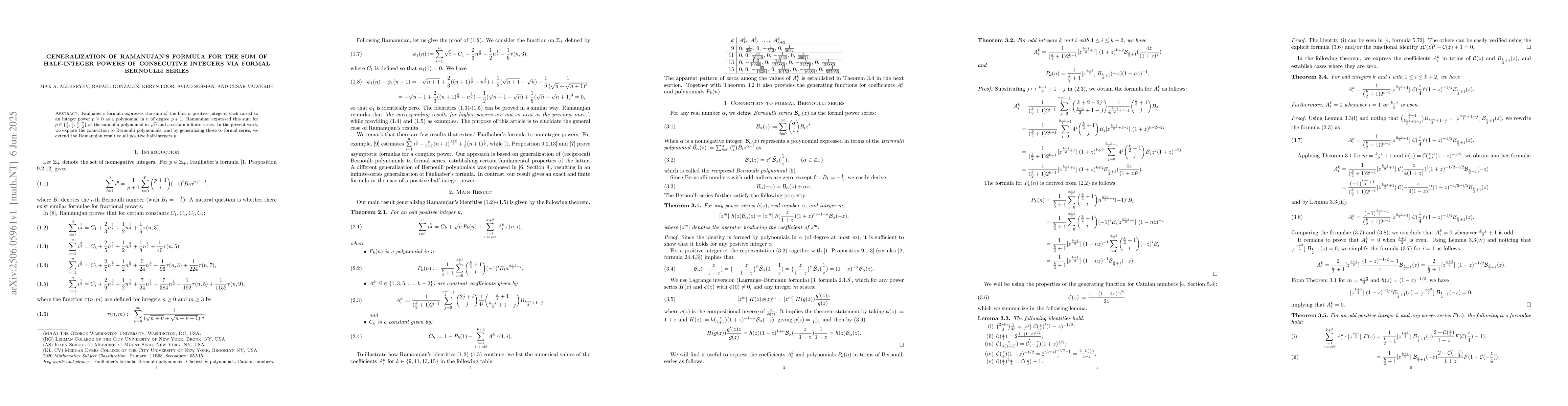 Thumbnail for Generalization of Ramanujan's formula for the sum of half-integer powers
  of consecutive integers via formal Bernoulli series