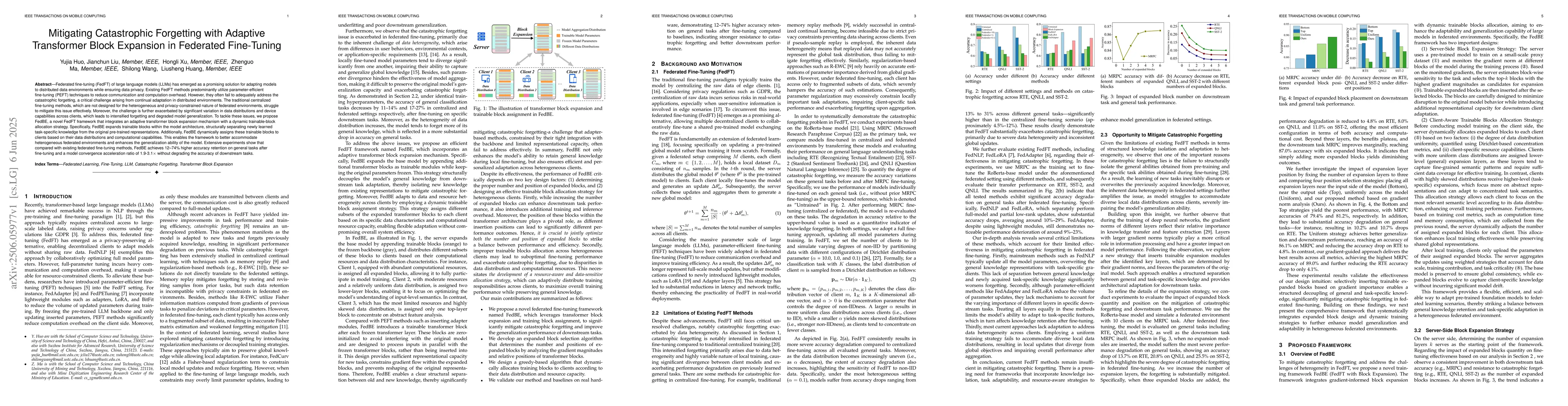 Thumbnail for Mitigating Catastrophic Forgetting with Adaptive Transformer Block
  Expansion in Federated Fine-Tuning