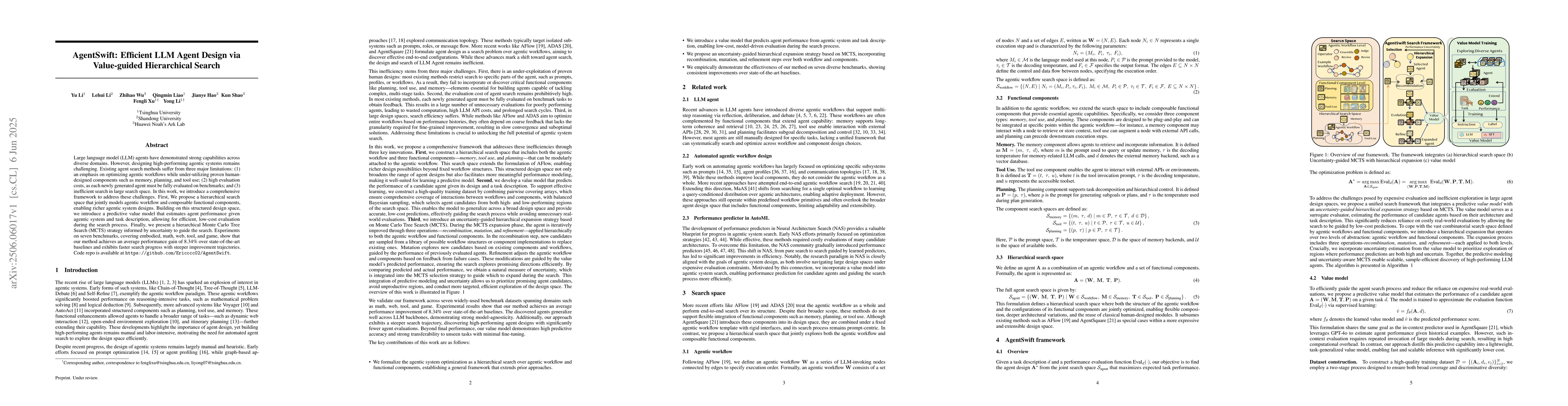 Thumbnail for AgentSwift: Efficient LLM Agent Design via Value-guided Hierarchical
  Search