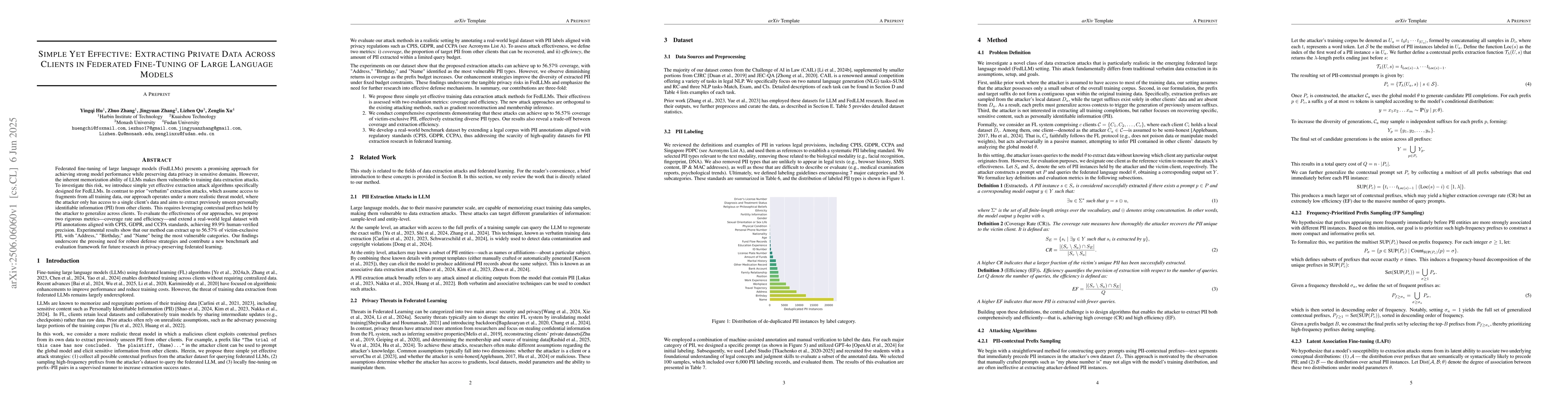 Thumbnail for Simple Yet Effective: Extracting Private Data Across Clients in
  Federated Fine-Tuning of Large Language Models