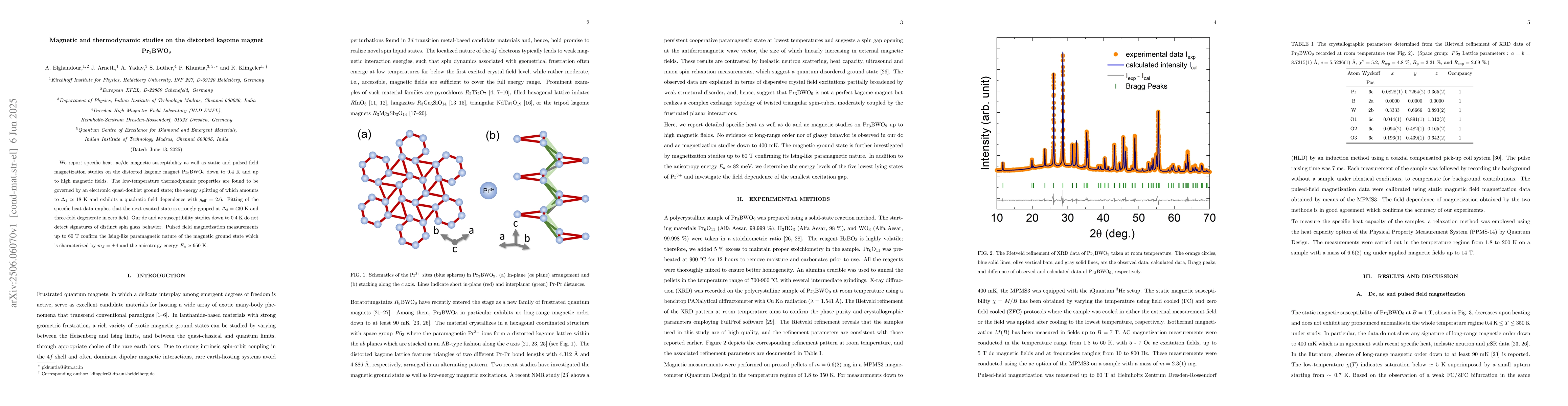 Thumbnail for Magnetic and thermodynamic studies on the distorted kagome magnet
  Pr$_3$BWO$_9$