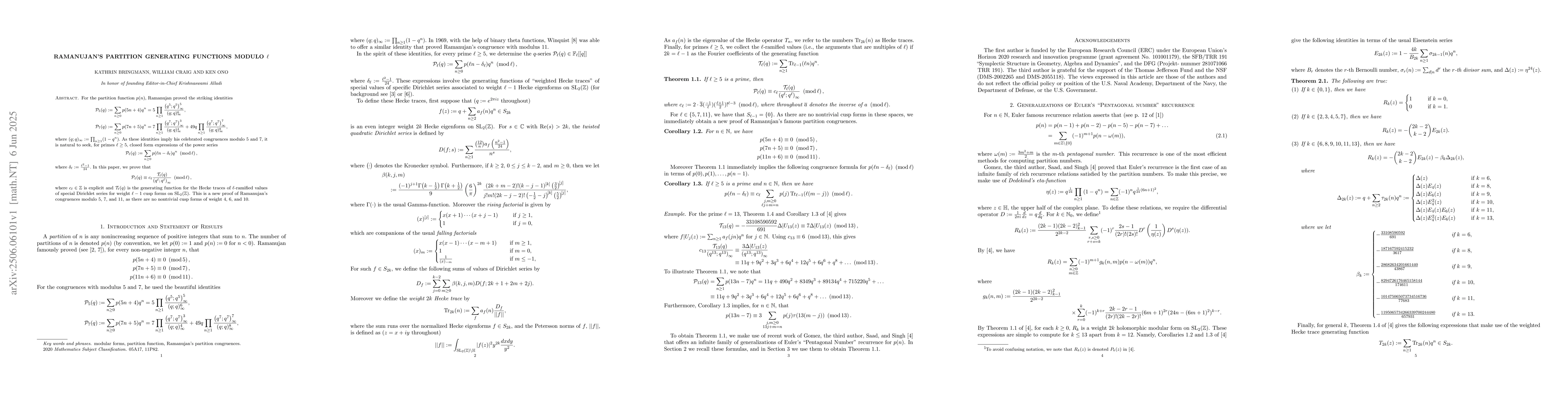 Thumbnail for Ramanujan's partition generating functions modulo $\ell$