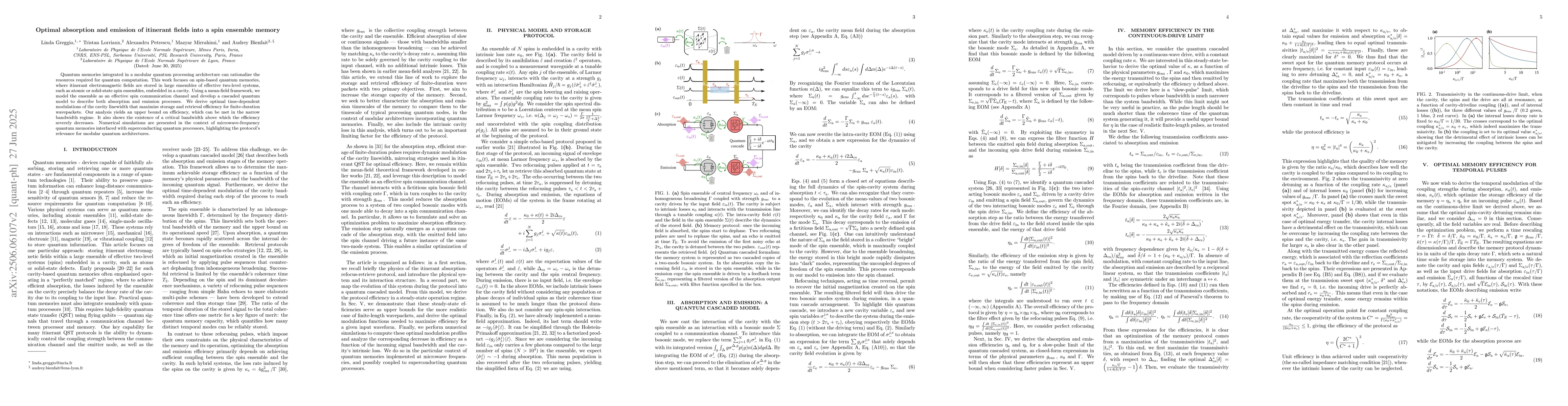 Thumbnail for Optimal absorption and emission of itinerant fields into a spin ensemble
  memory