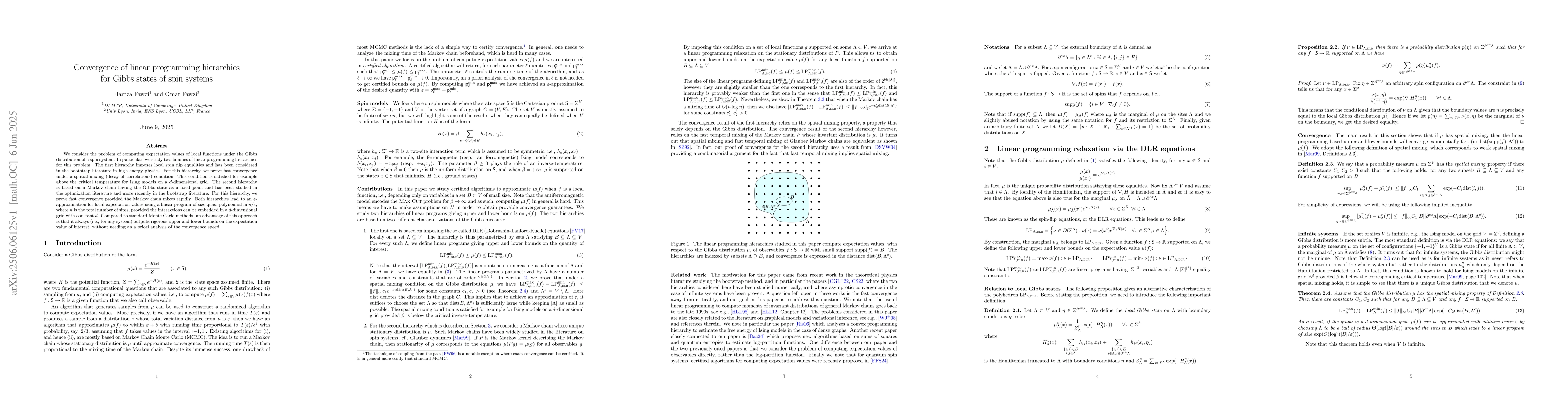 Thumbnail for Convergence of linear programming hierarchies for Gibbs states of spin
  systems