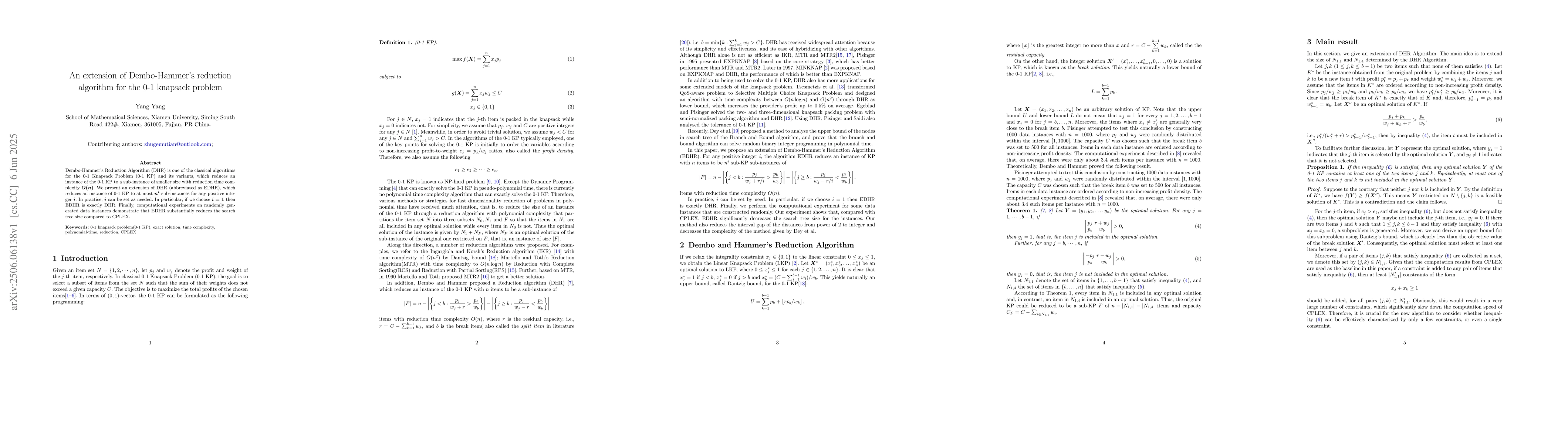 Thumbnail for An extension of Dembo-Hammer's reduction algorithm for the 0-1 knapsack
  problem