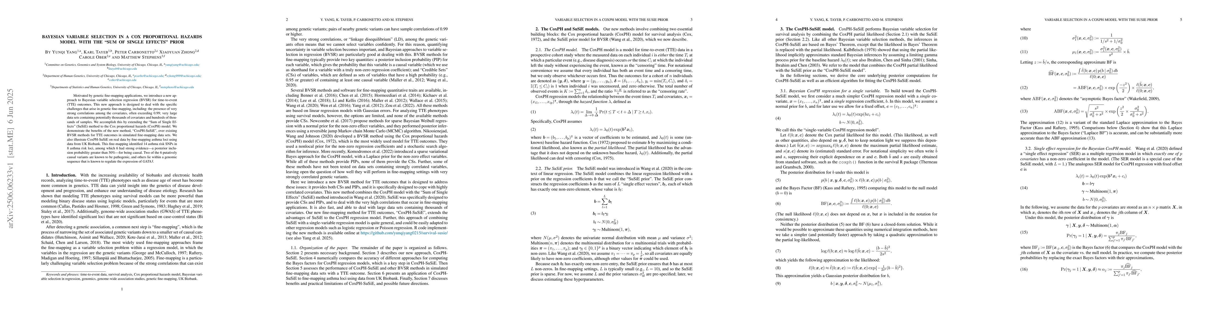 Thumbnail for Bayesian variable selection in a Cox proportional hazards model with the
  "Sum of Single Effects" prior