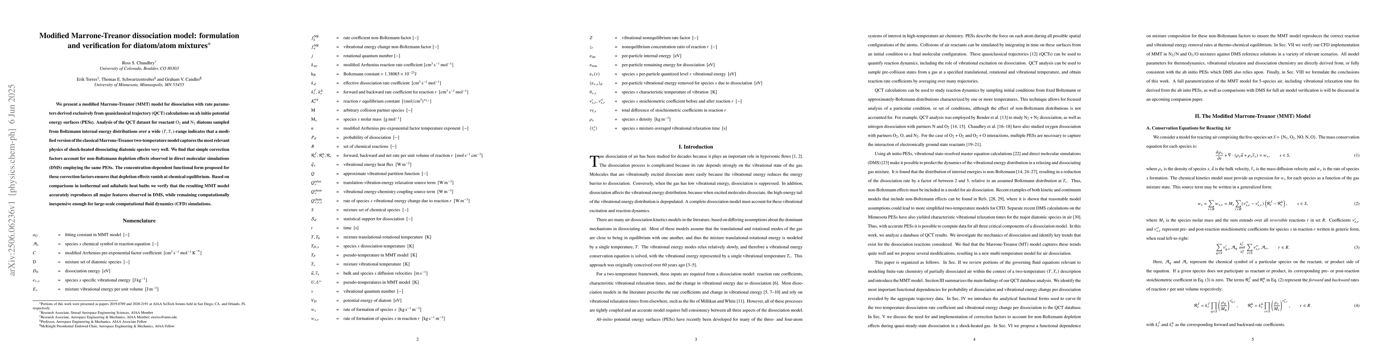 Thumbnail for Modified Marrone-Treanor dissociation model: formulation and
  verification for diatom/atom mixtures