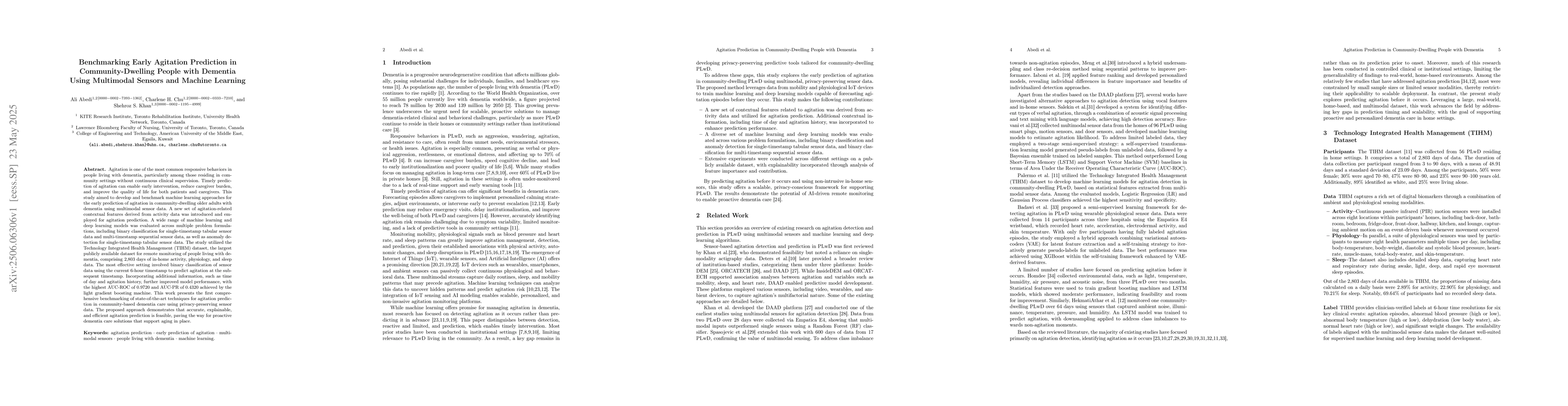 Thumbnail for Benchmarking Early Agitation Prediction in Community-Dwelling People
  with Dementia Using Multimodal Sensors and Machine Learning
