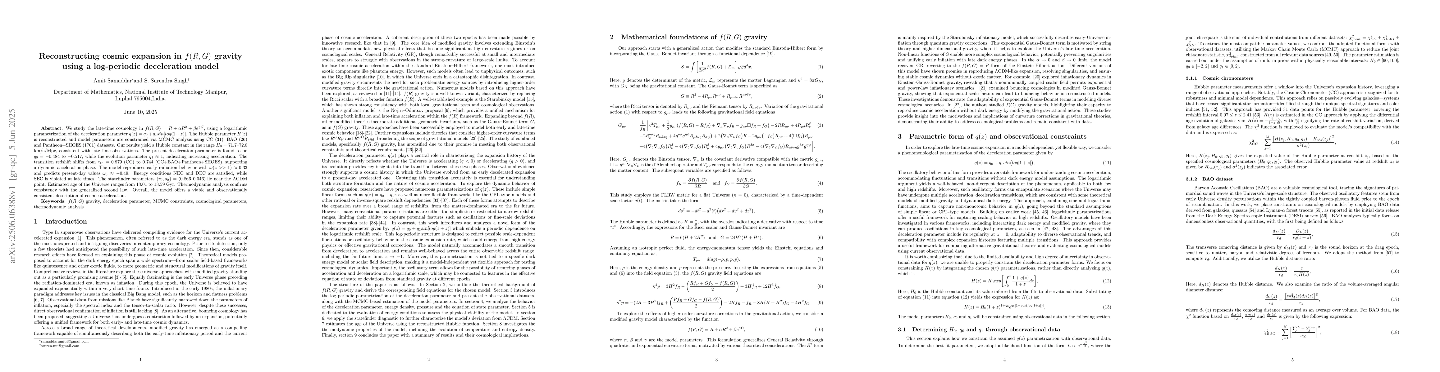 Thumbnail for Reconstructing cosmic expansion in $f(R, G)$ gravity using a
  log-periodic deceleration model