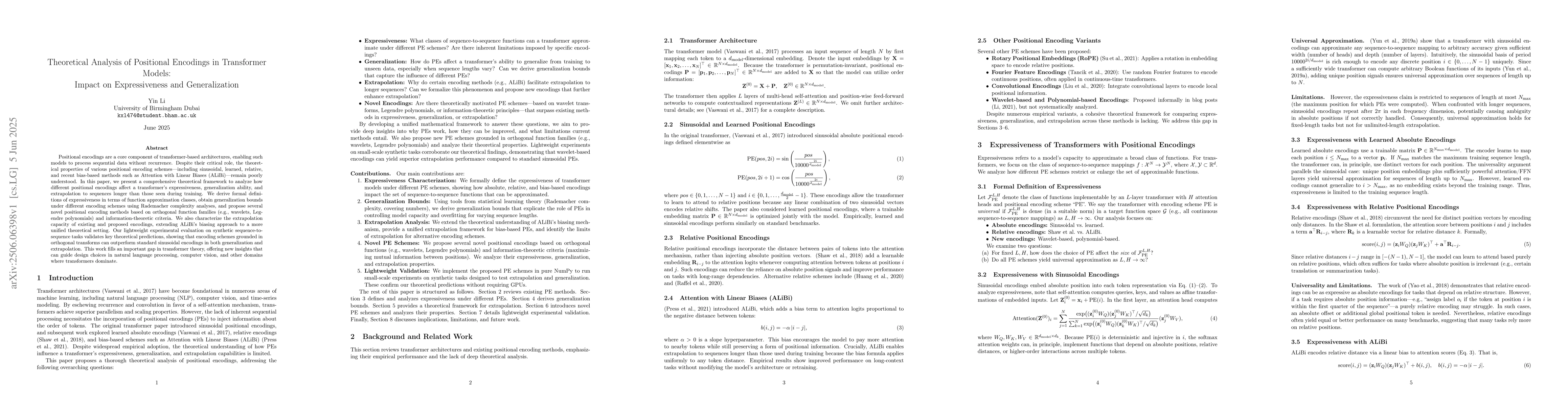 Thumbnail for Theoretical Analysis of Positional Encodings in Transformer Models:
  Impact on Expressiveness and Generalization
