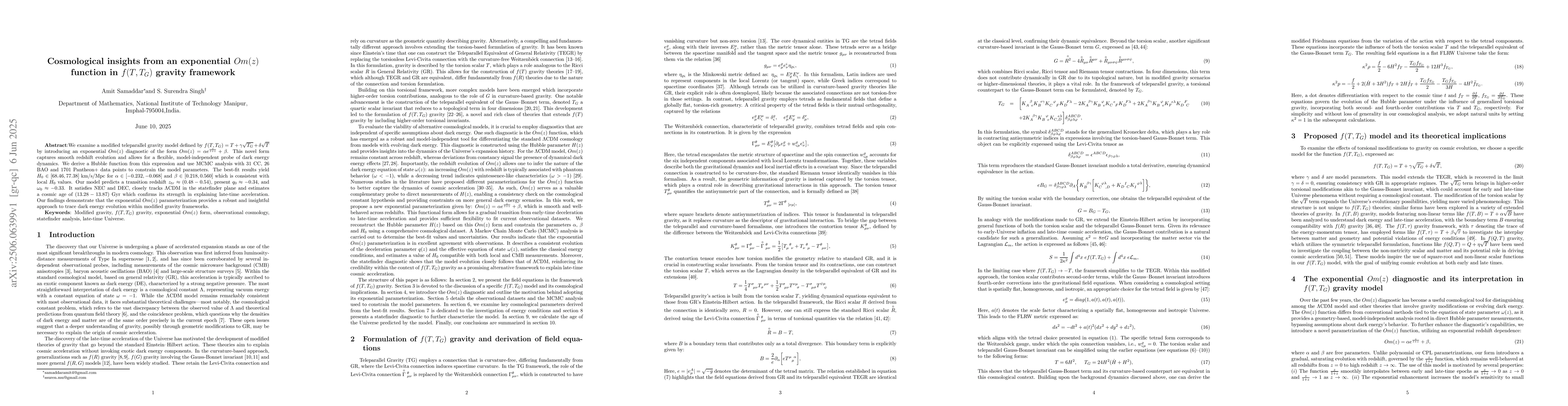 Thumbnail for Cosmological insights from an exponential $Om(z)$ function in
  $f(T,T_{G})$ gravity framework