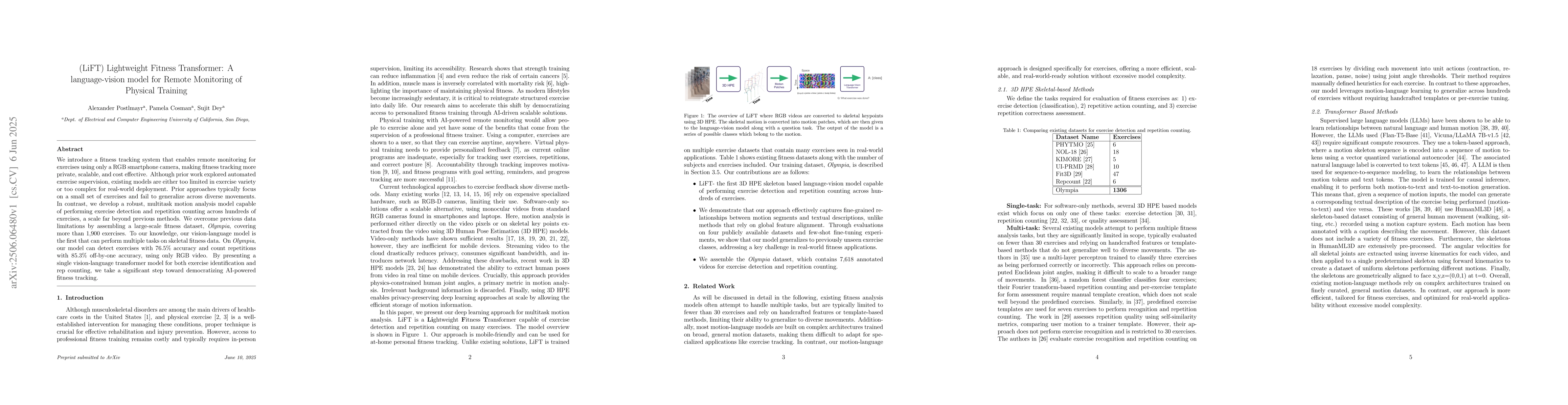 Thumbnail for (LiFT) Lightweight Fitness Transformer: A language-vision model for
  Remote Monitoring of Physical Training