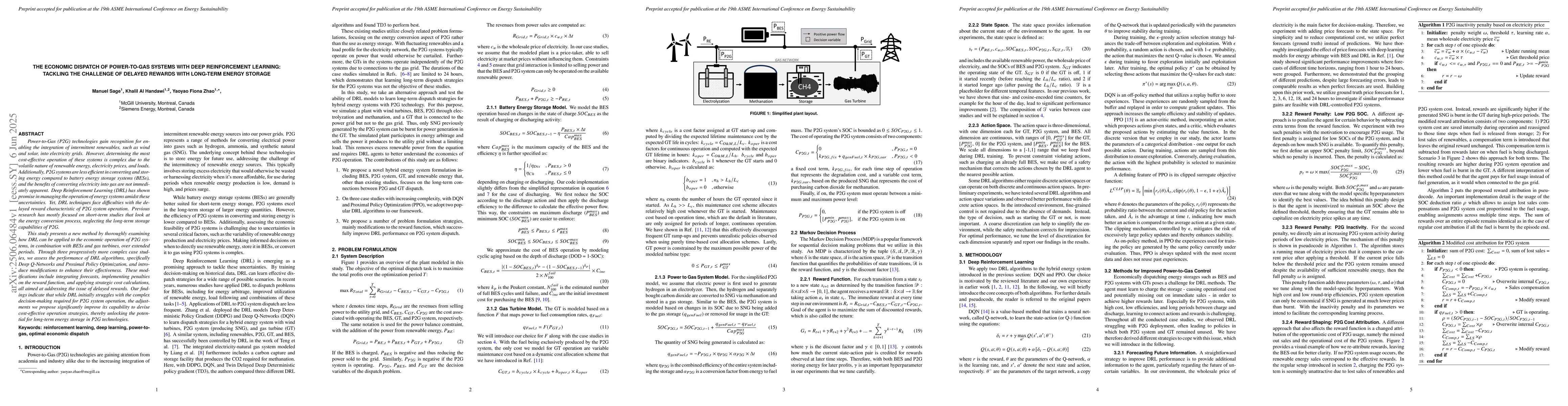 Thumbnail for The Economic Dispatch of Power-to-Gas Systems with Deep Reinforcement
  Learning:Tackling the Challenge of Delayed Rewards with Long-Term Energy
  Storage