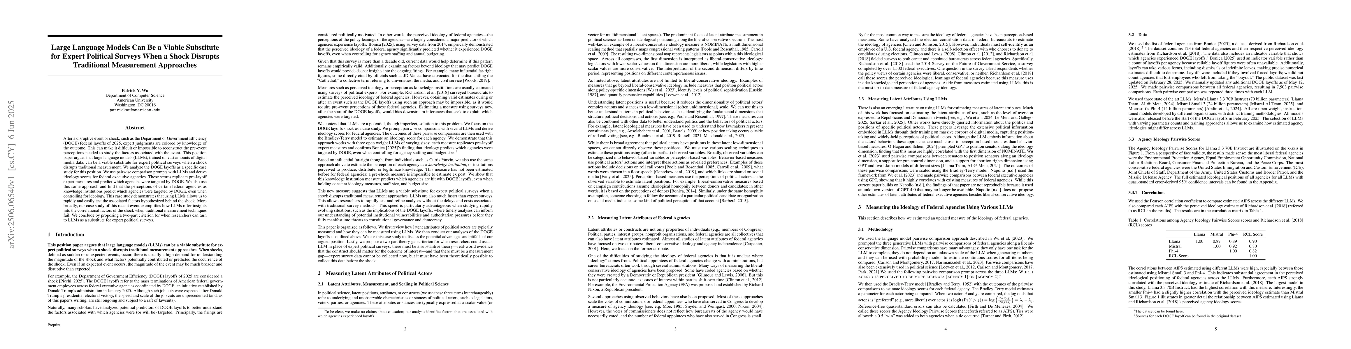 Thumbnail for Large Language Models Can Be a Viable Substitute for Expert Political
  Surveys When a Shock Disrupts Traditional Measurement Approaches
