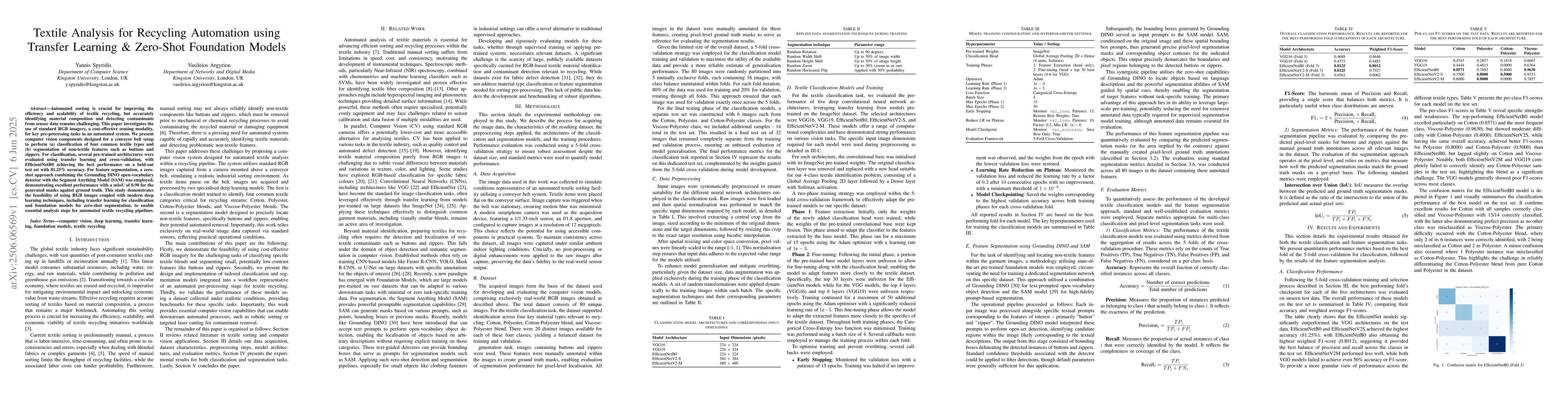 Thumbnail for Textile Analysis for Recycling Automation using Transfer Learning and
  Zero-Shot Foundation Models
