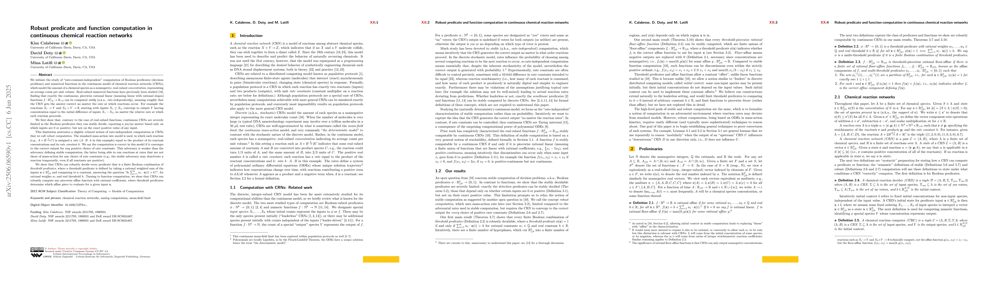 Thumbnail for Robust predicate and function computation in continuous chemical
  reaction networks