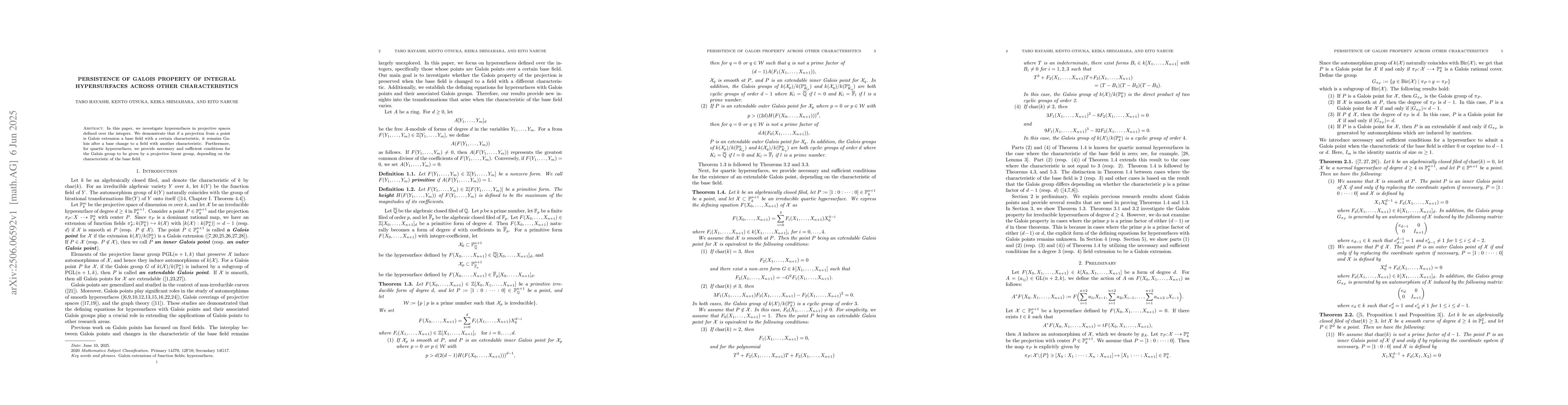 Thumbnail for Persistence of Galois property of integral hypersurfaces across other
  characteristics