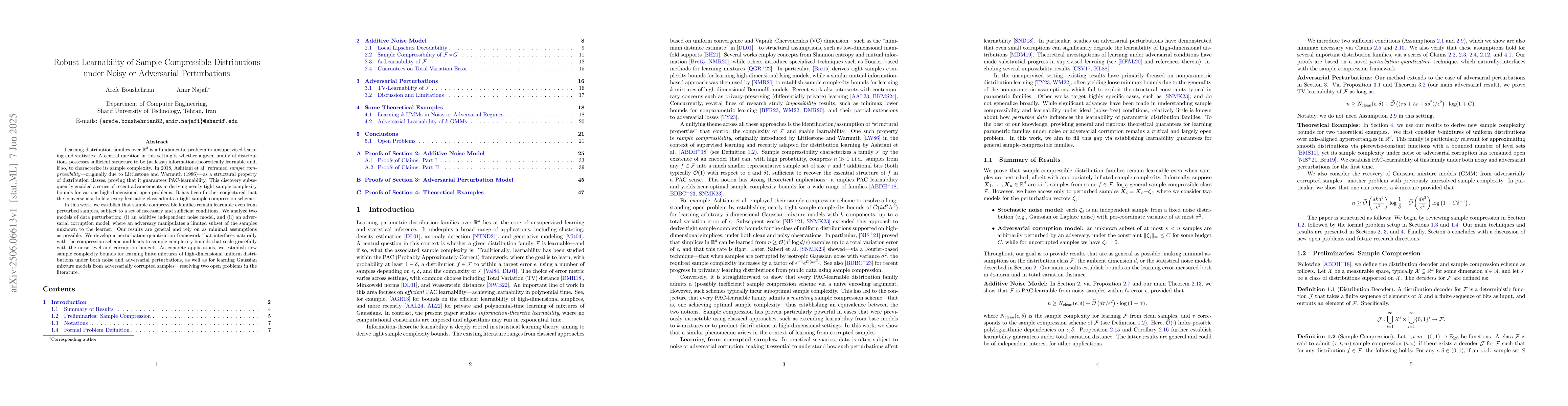 Thumbnail for Robust Learnability of Sample-Compressible Distributions under Noisy or
  Adversarial Perturbations