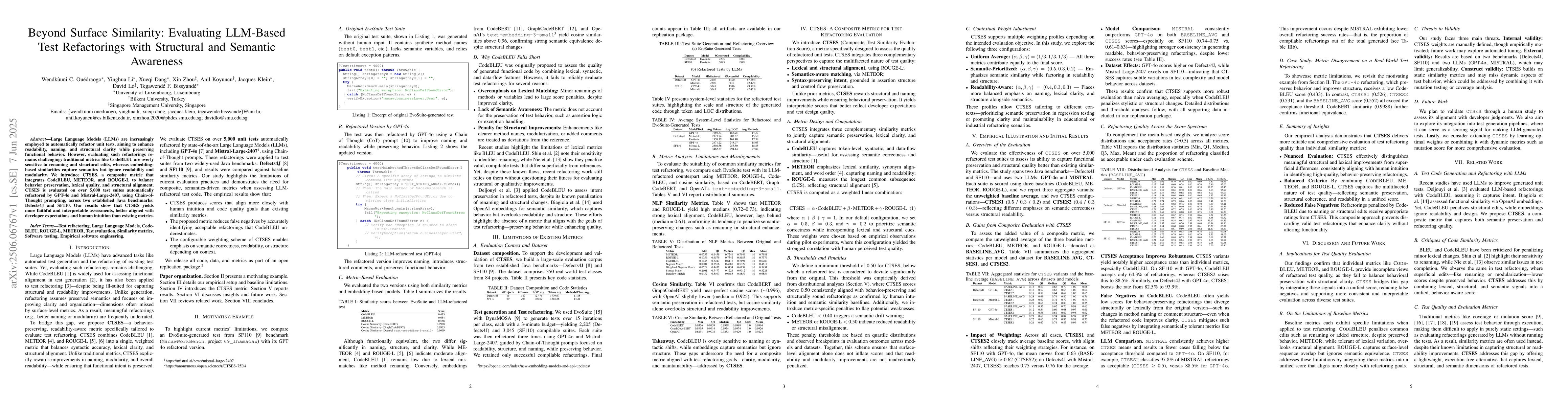 Thumbnail for Beyond Surface Similarity: Evaluating LLM-Based Test Refactorings with
  Structural and Semantic Awareness