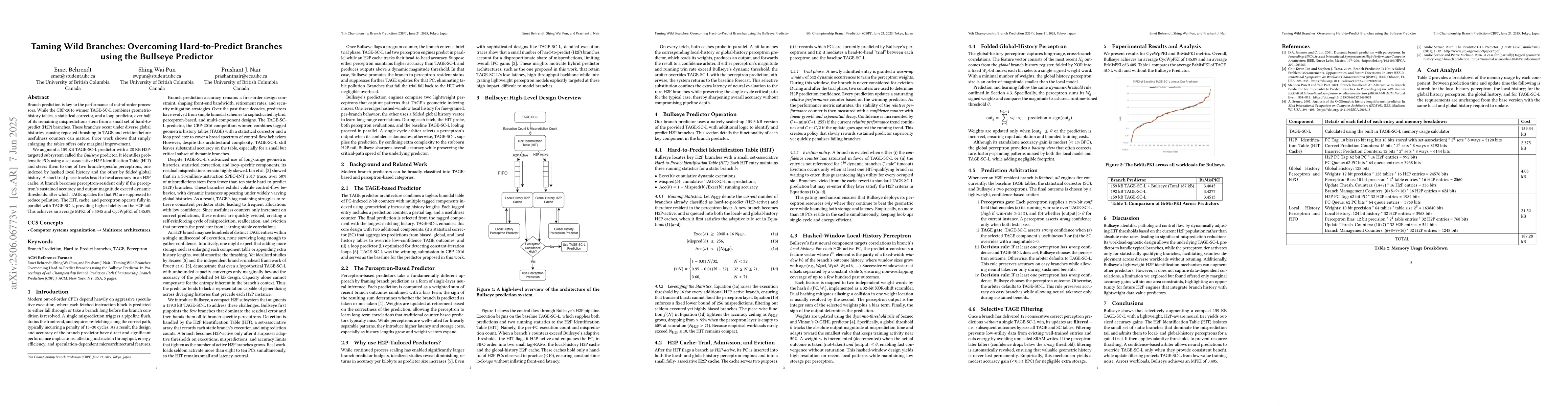 Thumbnail for Taming Wild Branches: Overcoming Hard-to-Predict Branches using the
  Bullseye Predictor
