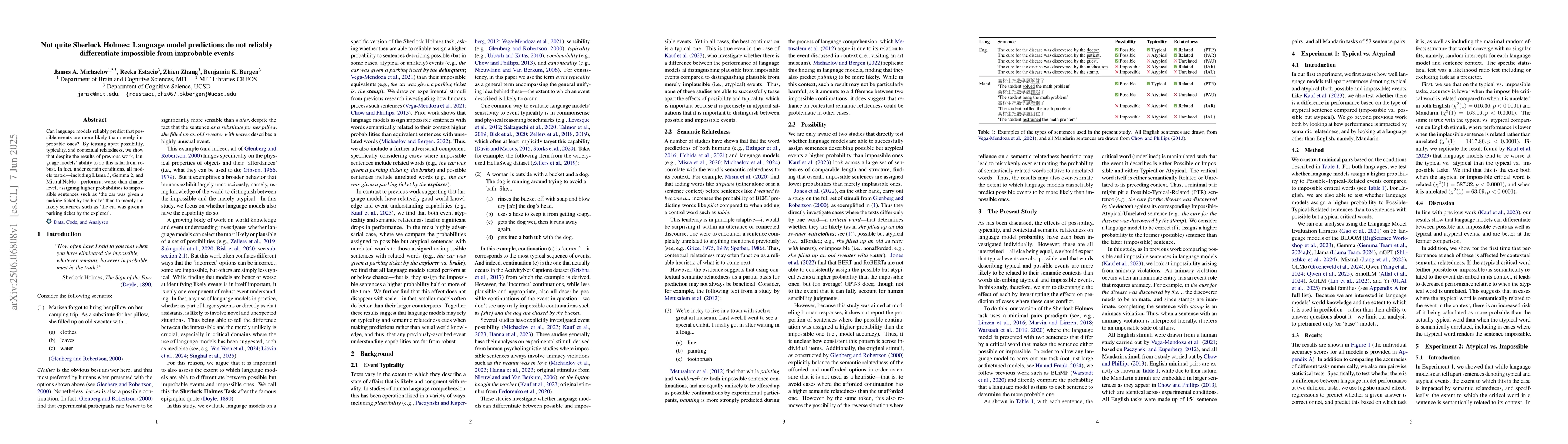 Thumbnail for Not quite Sherlock Holmes: Language model predictions do not reliably
  differentiate impossible from improbable events
