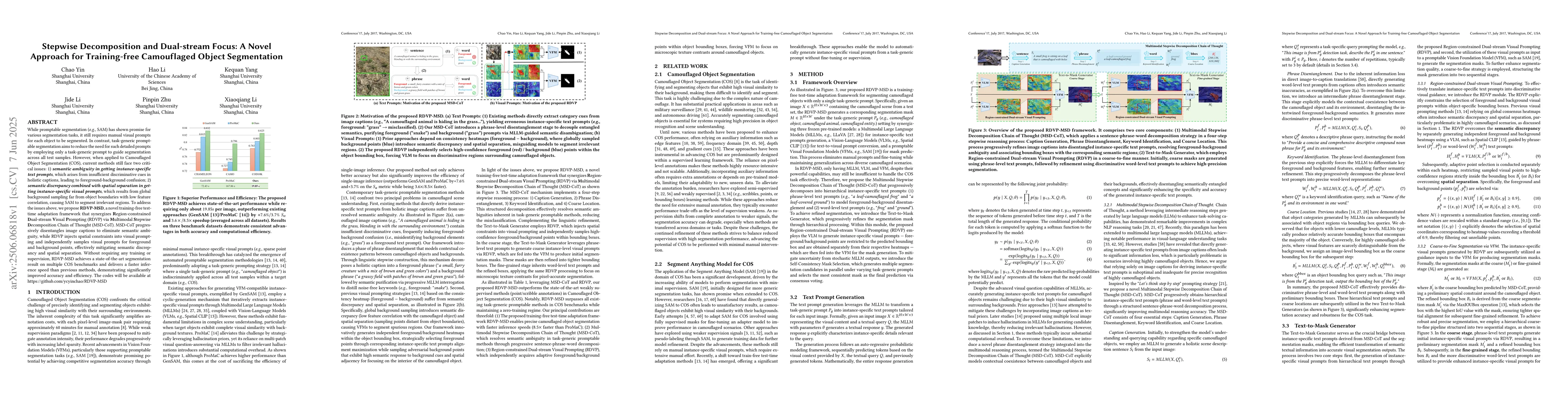 Thumbnail for Stepwise Decomposition and Dual-stream Focus: A Novel Approach for
  Training-free Camouflaged Object Segmentation