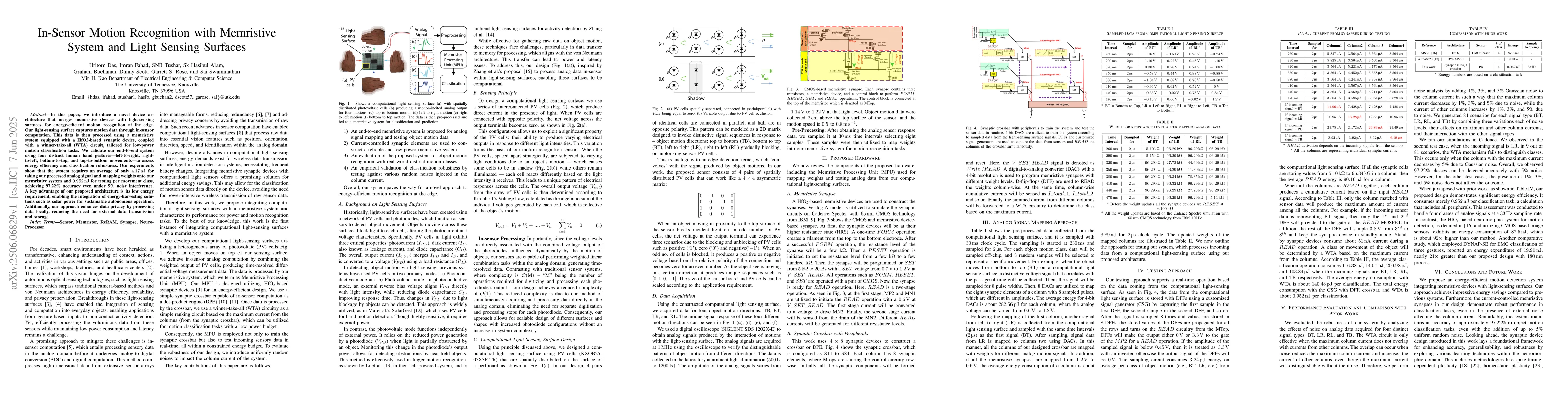 Thumbnail for In-Sensor Motion Recognition with Memristive System and Light Sensing
  Surfaces