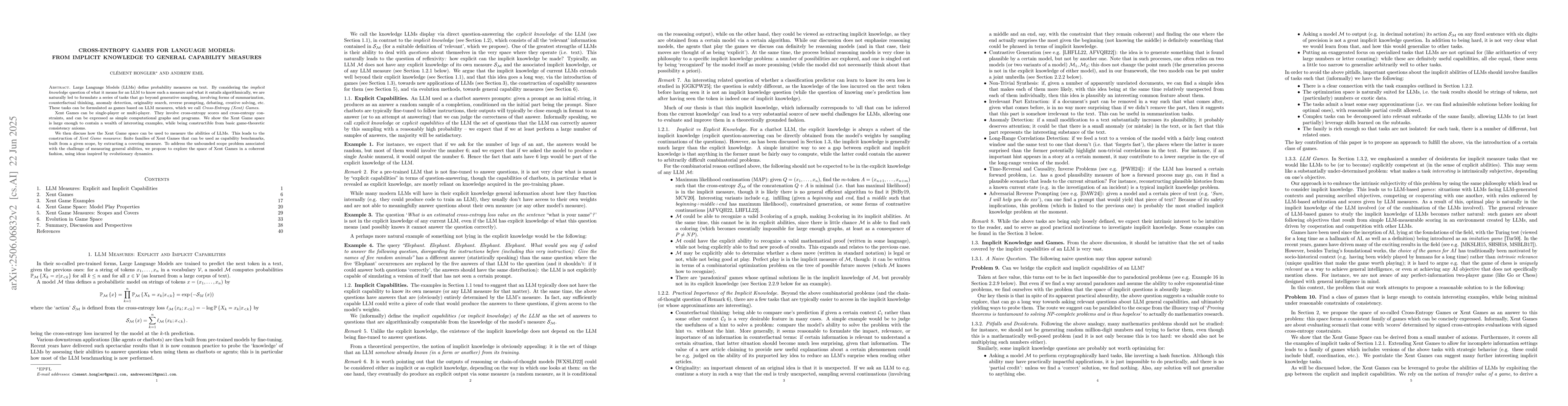 Thumbnail for Cross-Entropy Games for Language Models: From Implicit Knowledge to
  General Capability Measures