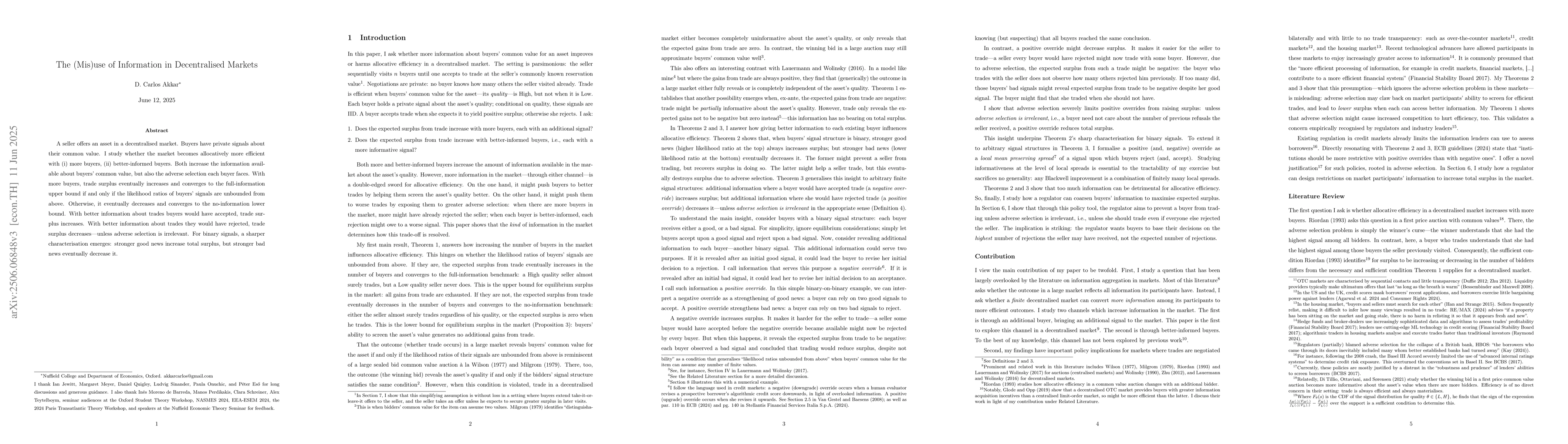 Thumbnail for The (Mis)use of Information in Decentralised Markets