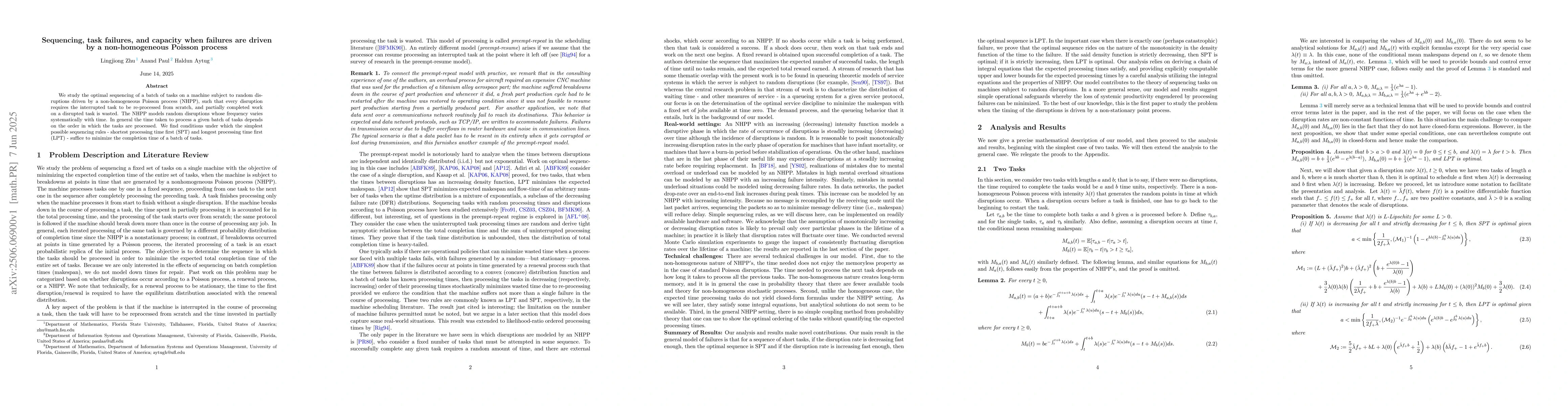 Thumbnail for Sequencing, task failures, and capacity when failures are driven by a
  non-homogeneous Poisson process