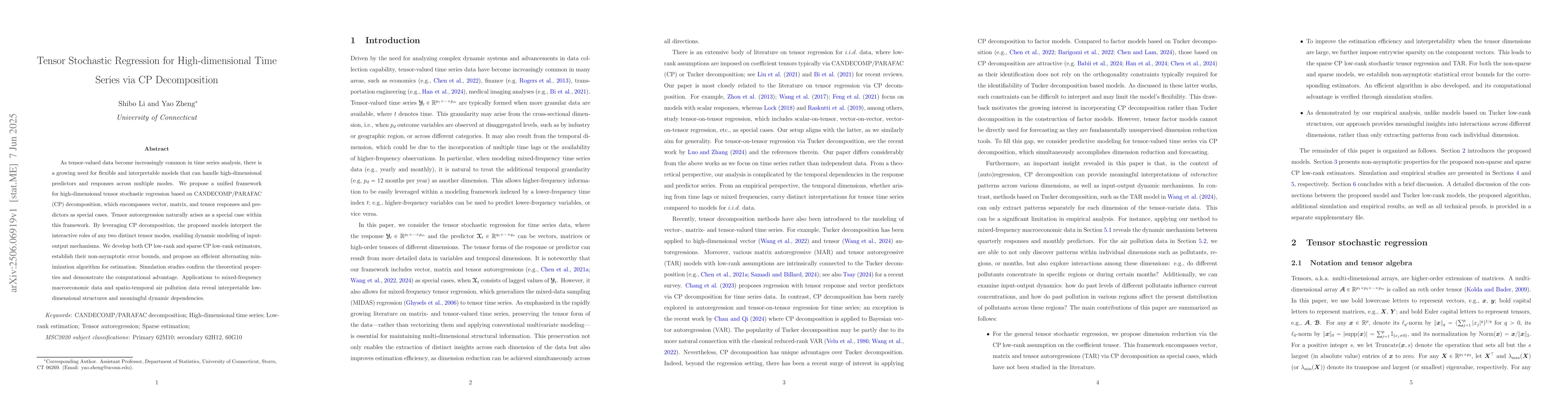 Thumbnail for Tensor Stochastic Regression for High-dimensional Time Series via CP
  Decomposition