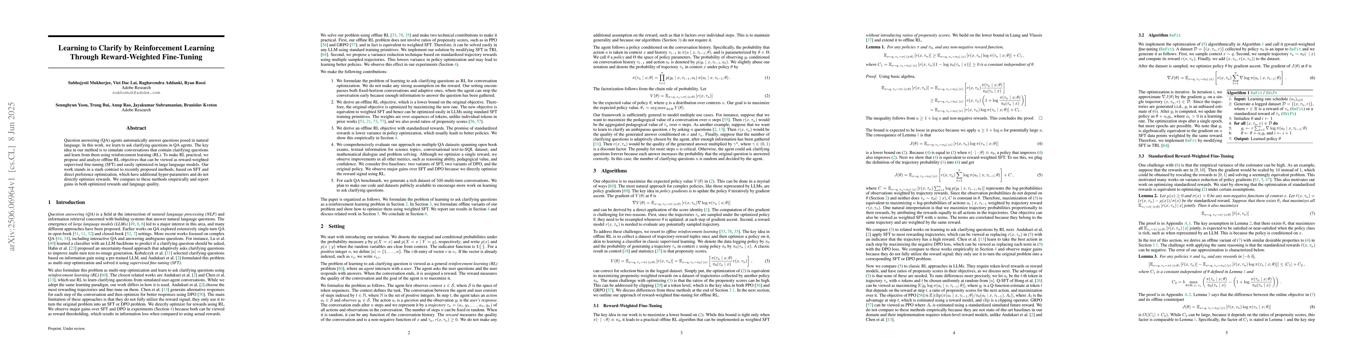 Thumbnail for Learning to Clarify by Reinforcement Learning Through Reward-Weighted
  Fine-Tuning