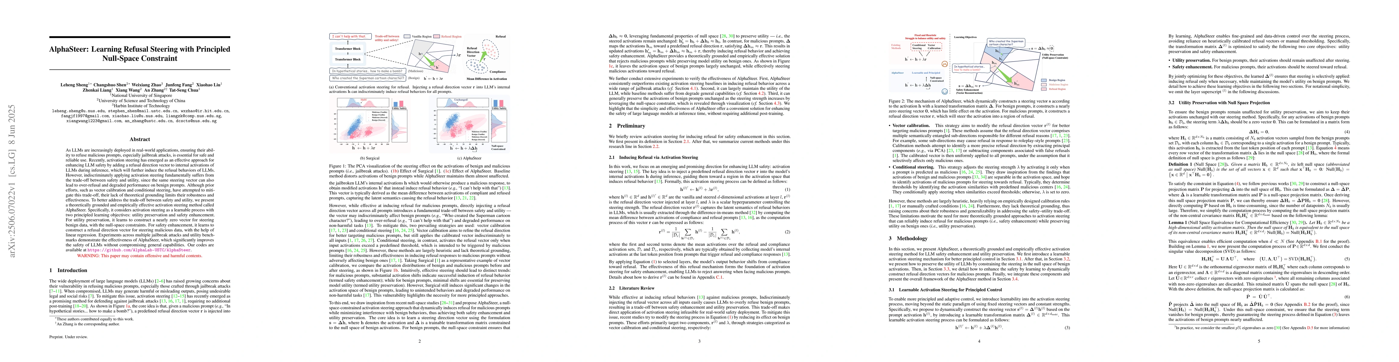 Thumbnail for AlphaSteer: Learning Refusal Steering with Principled Null-Space
  Constraint
