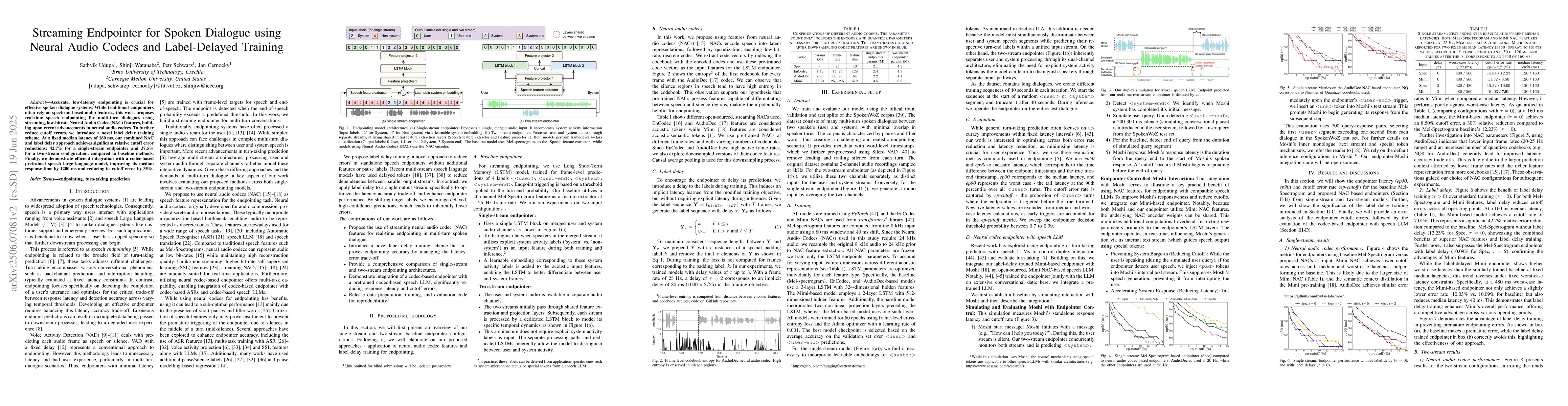 Thumbnail for Streaming Endpointer for Spoken Dialogue using Neural Audio Codecs and
  Label-Delayed Training