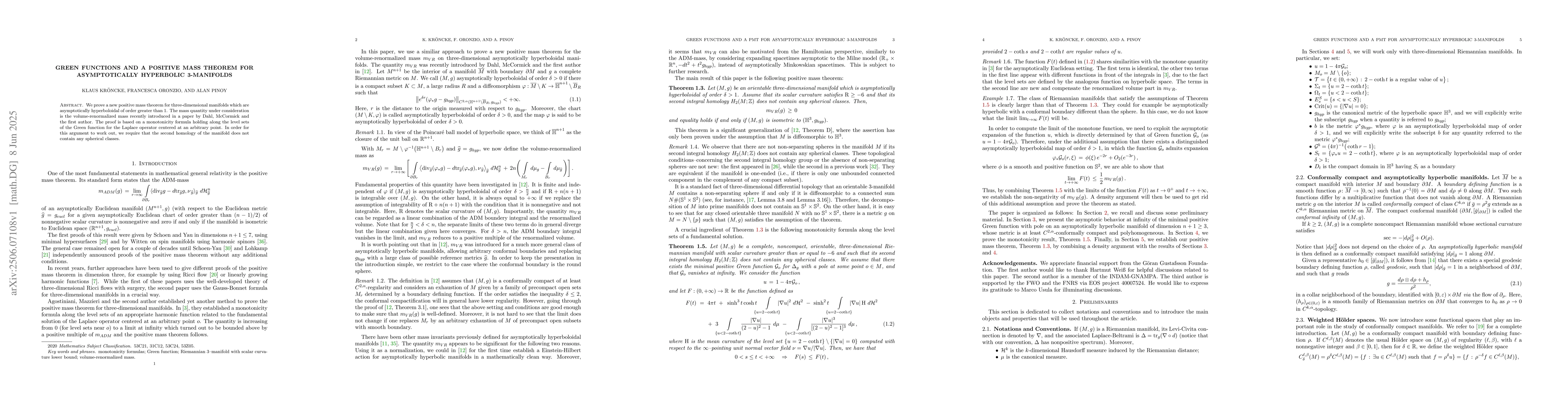 Thumbnail for Green functions and a positive mass theorem for asymptotically
  hyperbolic $3$-manifolds