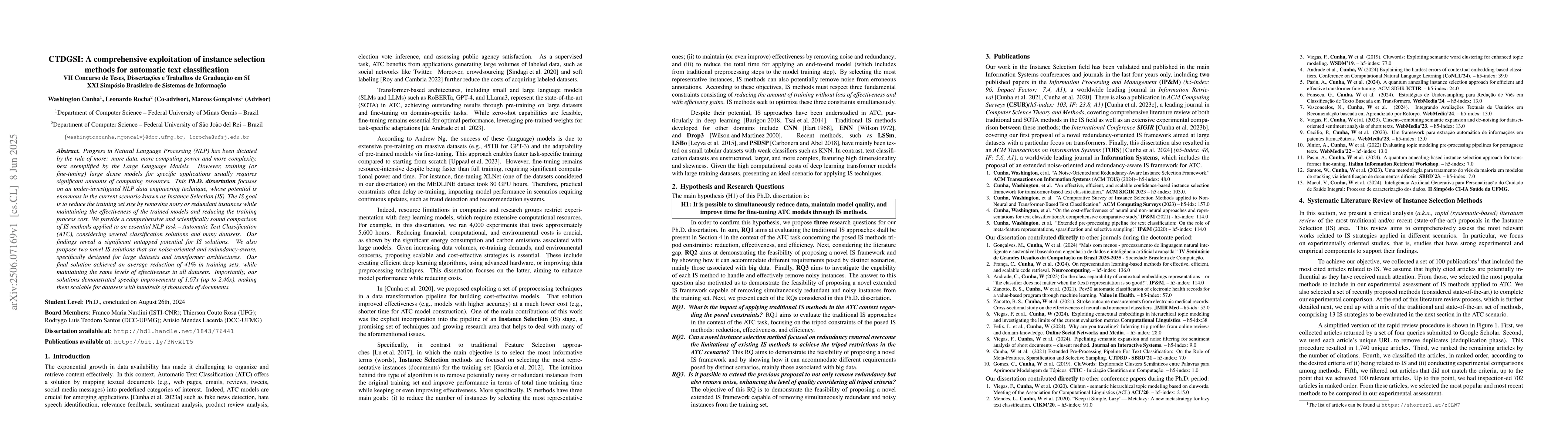 Thumbnail for CTDGSI: A comprehensive exploitation of instance selection methods for
  automatic text classification. VII Concurso de Teses, Dissertações e
  Trabalhos de Graduação em SI -- XXI Simpósio Brasileiro de Sistemas
  de Informação