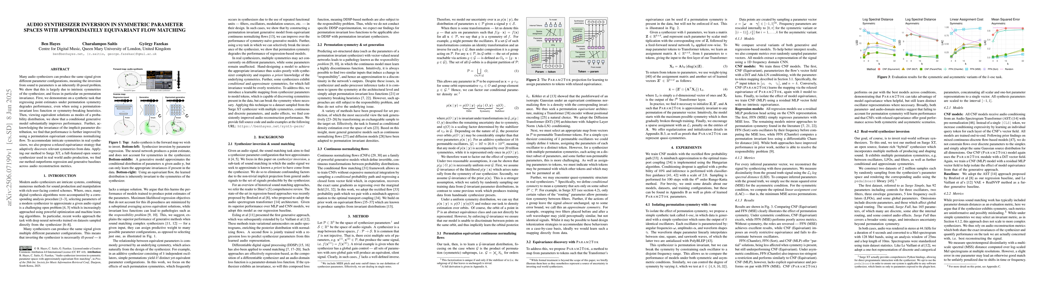 Thumbnail for Audio synthesizer inversion in symmetric parameter spaces with
  approximately equivariant flow matching
