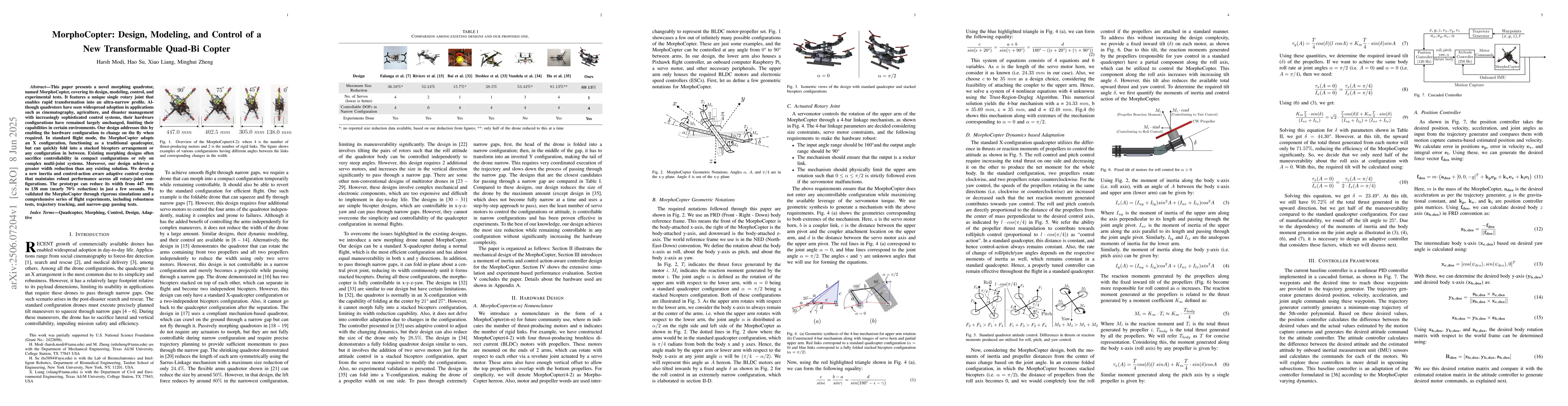 Thumbnail for MorphoCopter: Design, Modeling, and Control of a New Transformable
  Quad-Bi Copter