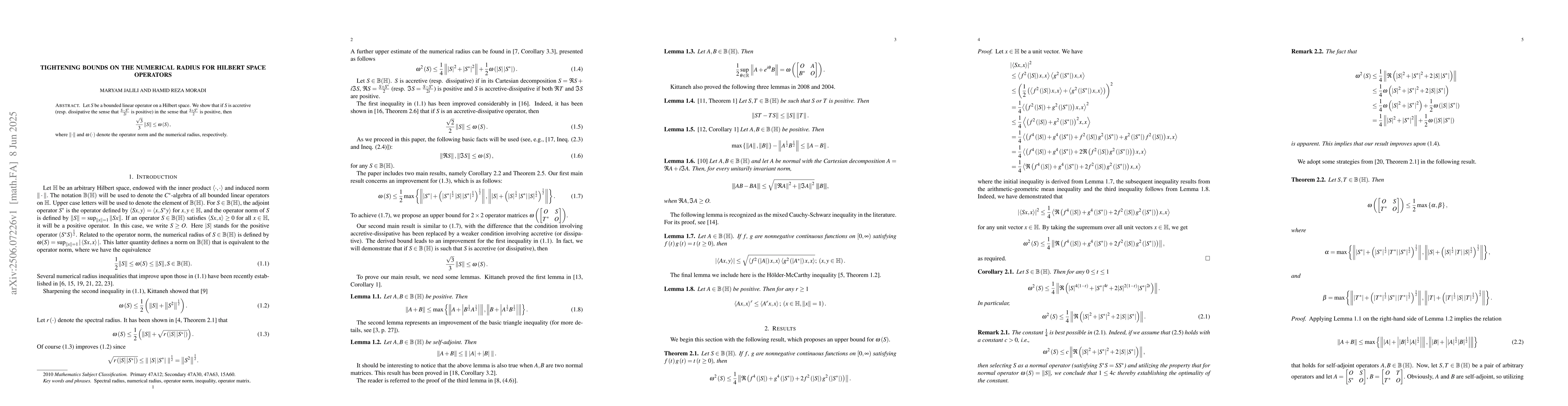 Thumbnail for Tightening Bounds on the Numerical Radius for Hilbert Space Operators