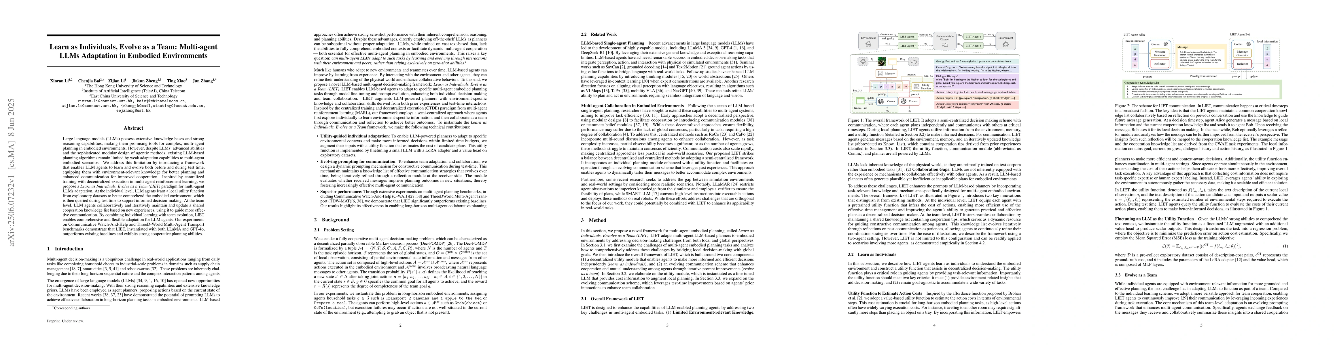 Thumbnail for Learn as Individuals, Evolve as a Team: Multi-agent LLMs Adaptation in
  Embodied Environments