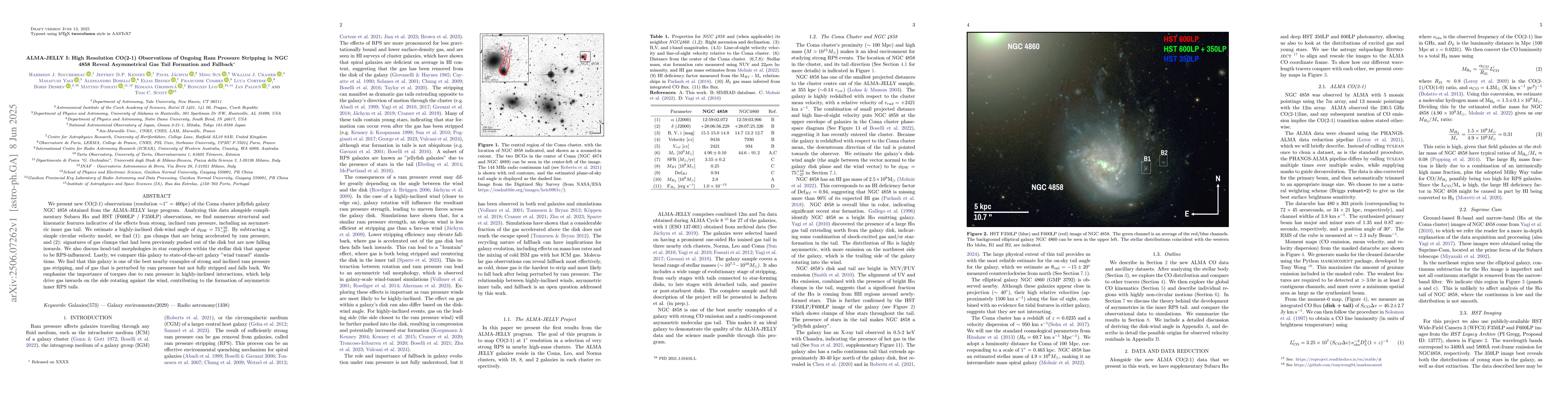 Thumbnail for ALMA-JELLY I: High Resolution CO(2-1) Observations of Ongoing Ram
  Pressure Stripping in NGC 4858 Reveal Asymmetrical Gas Tail Formation and
  Fallback