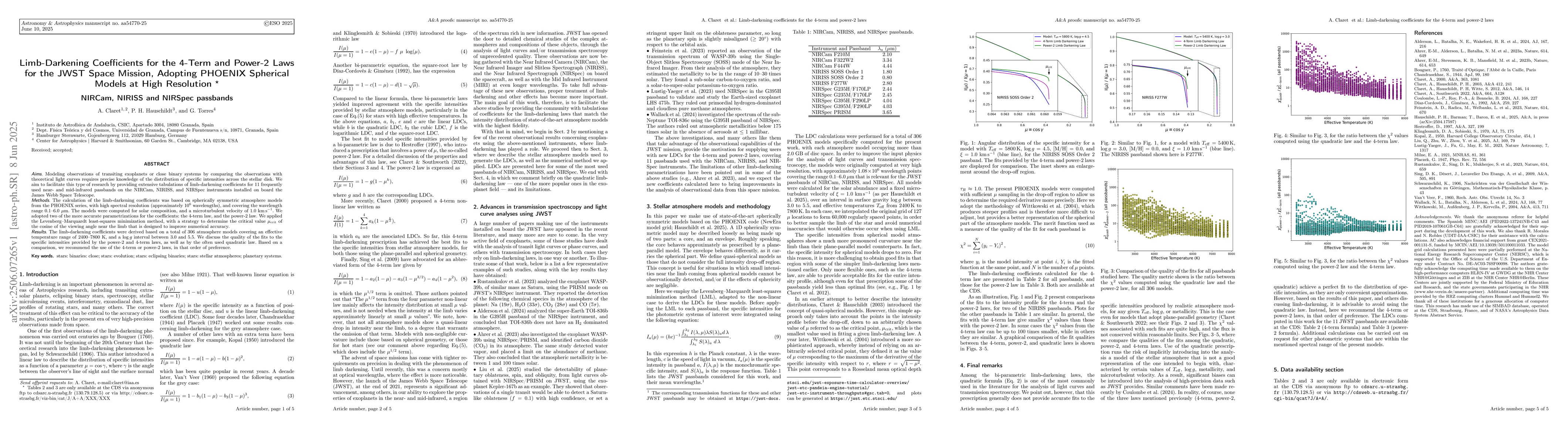 Thumbnail for Limb-Darkening Coefficients for the 4-Term and Power-2 Laws for the JWST
  Space Mission, Adopting PHOENIX Spherical Models at High Resolution